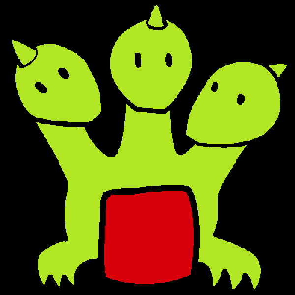 A bright green hydra with three heads and a red square in front of it.